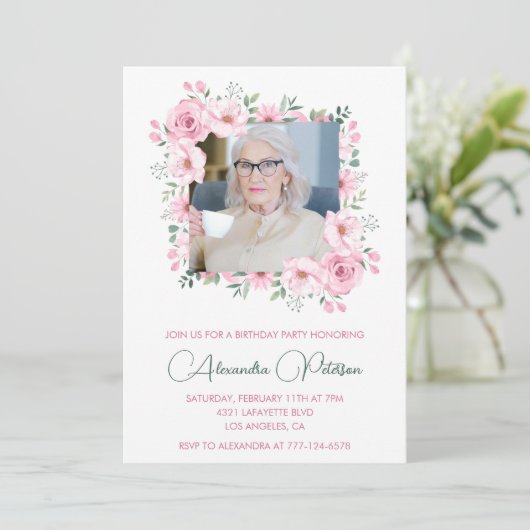 ピンクグリーン写真フローラフレーム94th birthday 招待状 (スタンド正面)