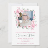 ピンクグリーン写真フローラフレーム97th birthday 招待状 (正面)