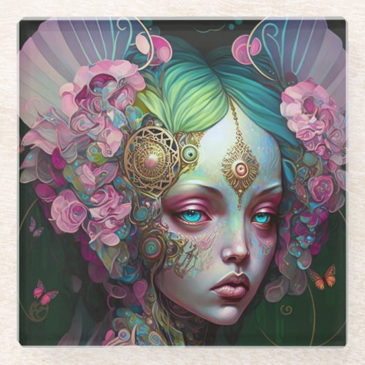 ピンクグリーン小妖精や小人フェアリー女性ファンタジーアート ガラスコースター (正面)