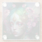 ピンクグリーン小妖精や小人フェアリー女性ファンタジーアート ガラスコースター (裏面)