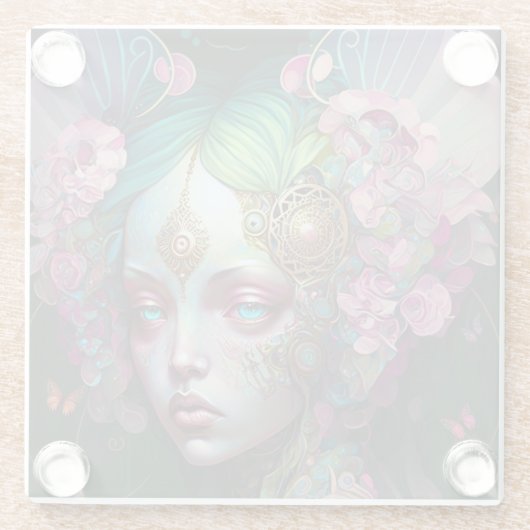 ピンクグリーン小妖精や小人フェアリー女性ファンタジーアート ガラスコースター (裏面)