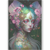 ピンクグリーン小妖精や小人フェアリー女性ファンタジーアート シール (正面)