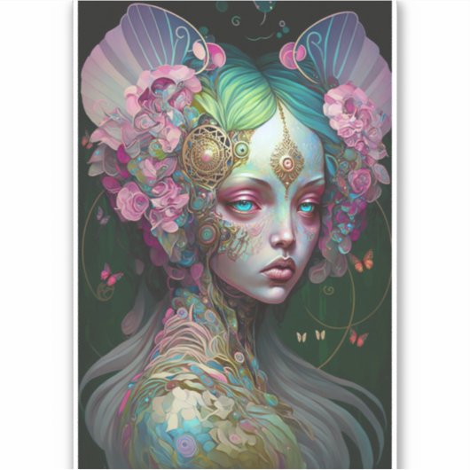 ピンクグリーン小妖精や小人フェアリー女性ファンタジーアート シール (正面)