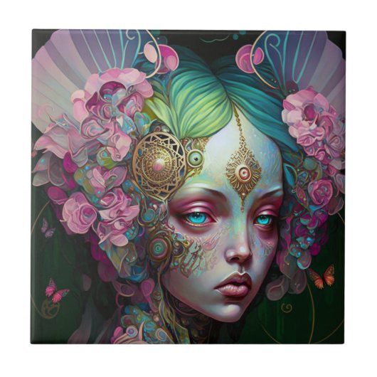 ピンクグリーン小妖精や小人フェアリー女性ファンタジーアート タイル (正面)