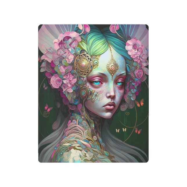 ピンクグリーン小妖精や小人フェアリー女性ファンタジーアート メタルプリント (正面)