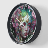 ピンクグリーン小妖精や小人フェアリー女性ファンタジーアート 壁時計 (傾斜)