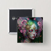 ピンクグリーン小妖精や小人フェアリー女性ファンタジーアート 缶バッジ (正面&裏面)