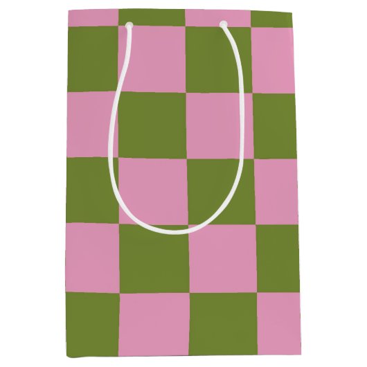 ピンクグリーン市松模様にジンガムパターン ミディアムペーパーバッグ (正面)