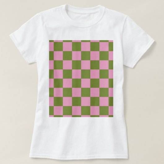 ピンクグリーン市松模様にジンガムパターン Tシャツ (デザイン正面)