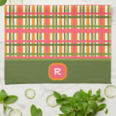 ピンクグリーン格子状シックモノグラムイニシャル キッチンタオル (折り畳み)