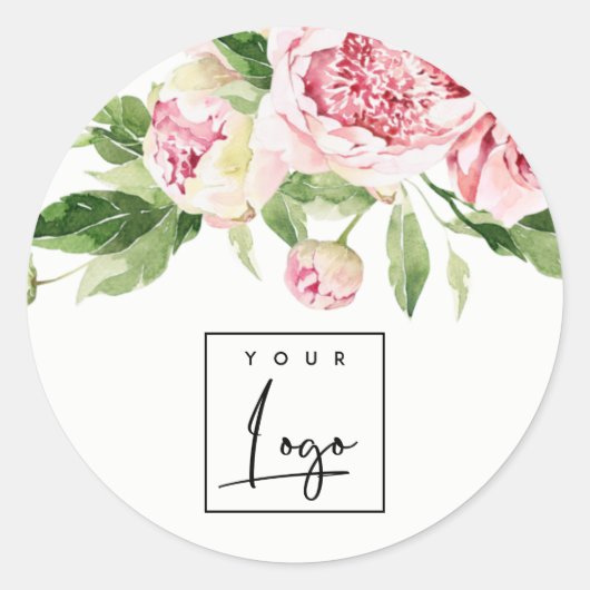ピンクグリーン水彩牡丹フローラロゴビジネス ラウンドシール (正面)