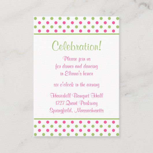 ピンクグリーン水玉模様バルミツワー披露宴カード エンクロージャーカード