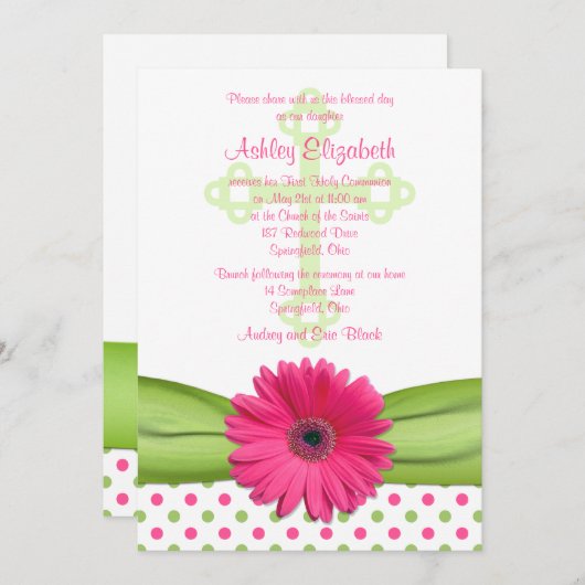 ピンクグリーン水玉模様ファーストコミュニオン招待状 招待状 (正面/裏面)