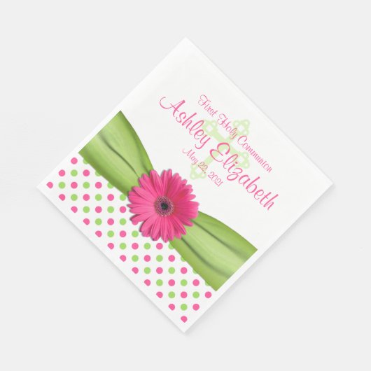 ピンクグリーン水玉模様ファーストコミューンパーソナライズされた スタンダードランチョンナプキン (角)