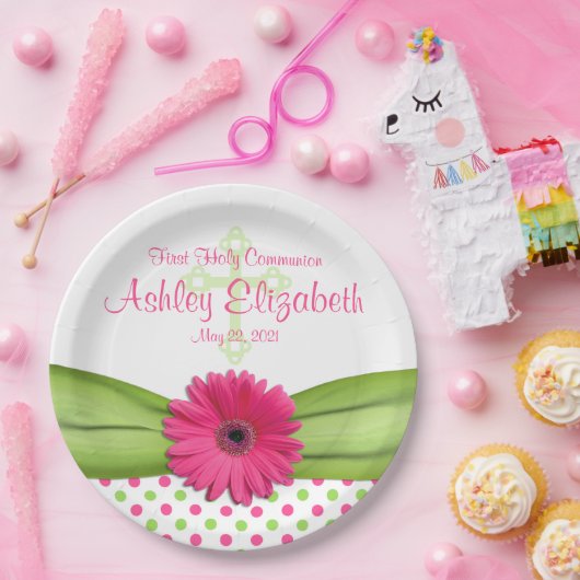 ピンクグリーン水玉模様ファーストコミューンパーソナライズされた ペーパープレート (パーティー)