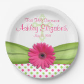 ピンクグリーン水玉模様ファーストコミューンパーソナライズされた ペーパープレート (正面)
