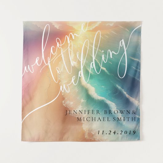 ピンクグリーン海ビーチホットパーティー歓迎の背景 タペストリー (正面)