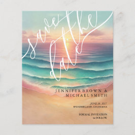 ピンクグリーン海ビーチ水彩夏日 チラシ