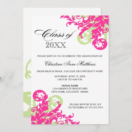 ピンクグリーン渦巻卒業発表 招待状 (正面/裏面)
