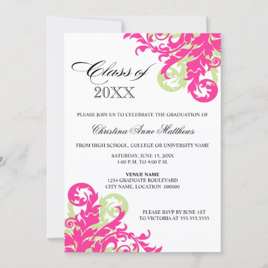 ピンクグリーン渦巻卒業発表 招待状 (正面)