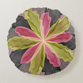 ピンクグリーン無煙炭ファンタジーフラワーフラクタルアート ラウンドクッション