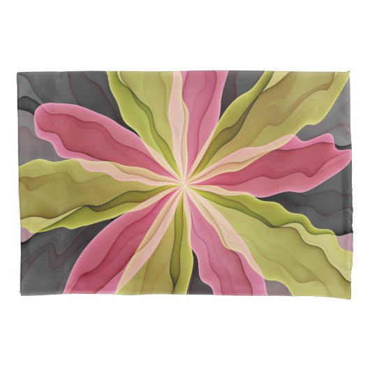 ピンクグリーン無煙炭ファンタジーフラワーフラクタルアート 枕カバー (正面)