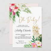 ピンクグリーン熱帯フローラオ赤ちゃんシャワー 招待状 (正面/裏面)