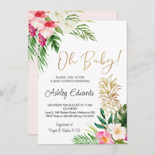 ピンクグリーン熱帯フローラオ赤ちゃんシャワー 招待状 (正面/裏面)