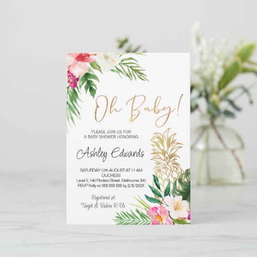 ピンクグリーン熱帯フローラオ赤ちゃんシャワー 招待状 (スタンド正面)