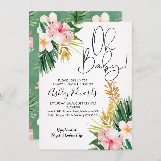 ピンクグリーン熱帯フローラベビーシャワー招待状 招待状 (正面/裏面)