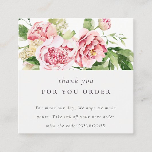 ピンクグリーン牡丹フローラサンキュービジネスオーダー スクエア名刺 (正面)