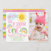 ピンクグリーン私たちの小さな光の太陽の光1番目の誕生日 招待状 (正面/裏面)