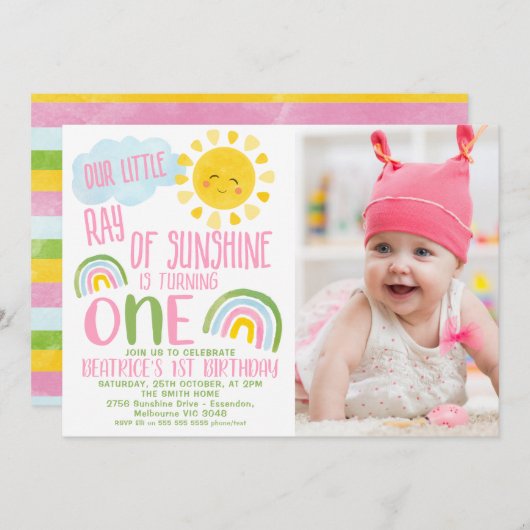 ピンクグリーン私たちの小さな光の太陽の光1番目の誕生日 招待状 (正面/裏面)