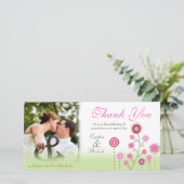 ピンクグリーン結婚の感謝写真テンプレートカード サンキューカード (スタンド正面)
