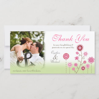 ピンクグリーン結婚の感謝写真テンプレートカード サンキューカード