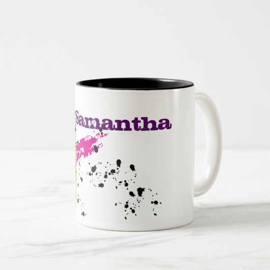 ピンクグリーン絵を描スプラッシュインクスポロッチコーヒーマグカップ ツートーンマグカップ (正面右)