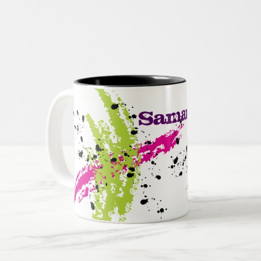 ピンクグリーン絵を描スプラッシュインクスポロッチコーヒーマグカップ ツートーンマグカップ (正面左)