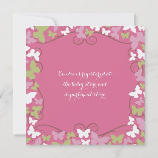 ピンクグリーン蝶ベビーシャワー招待状 招待状 (裏面)