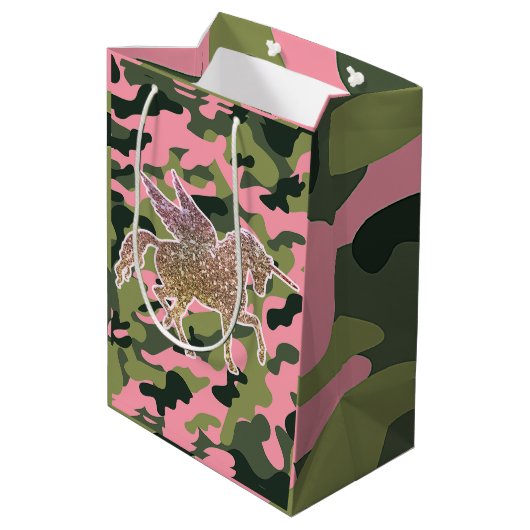 ピンクグリーン迷彩柄カモフラージュ&金ゴールドグリッターユニコーン ミディアムペーパーバッグ (裏面アングル)