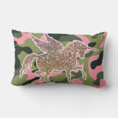 ピンクグリーン迷彩柄カモフラージュ&金ゴールドグリッターユニコーン ランバークッション (裏面)