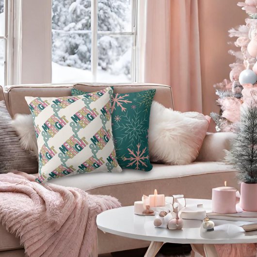 ピンクグリーン金ゴールドグリッターメリー&ブライトスノーフレーク クッション