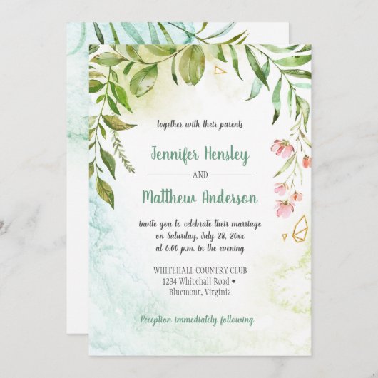 ピンクグリーン金ゴールドボタニカル結婚式招待状 招待状 (正面/裏面)