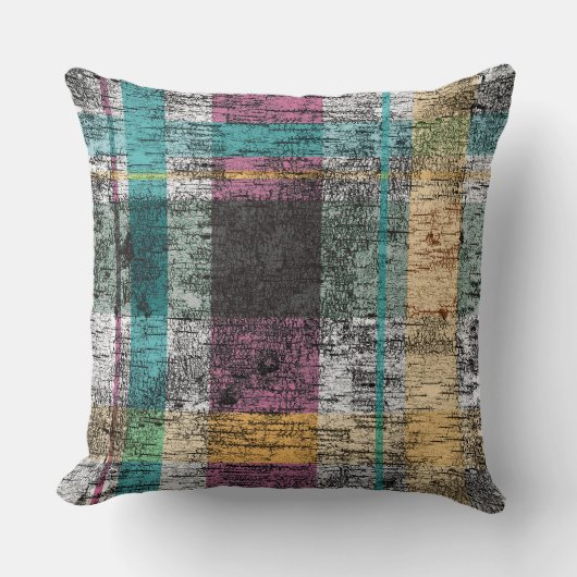 ピンクグリーン黄色樺の木格子模様 クッション (正面)