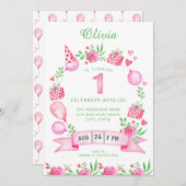 ピンクグリーン ガーリー ファーストバースデー 招待状 (正面/裏面)