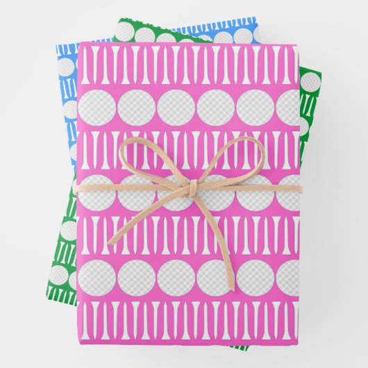 ピンクグリーン&ブルーゴルフボール&ティー ラッピングペーパーシート (インサイチュ)