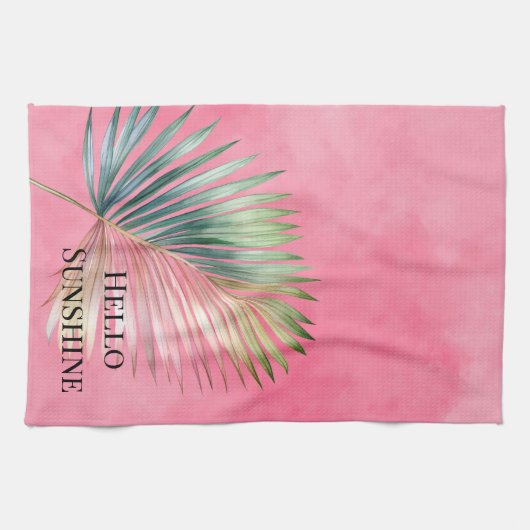 ピンクグリーン 熱帯の葉 キッチンタオル (横)