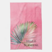 ピンクグリーン 熱帯の葉 キッチンタオル (縦)