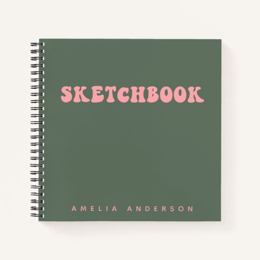 ピンクグリーンGroovy Sketchbook名パーソナライズされた ノートブック (正面)