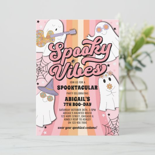 ピンクグルービーハロウィーンビーブス不気味ガール誕生日 招待状 (スタンド正面)