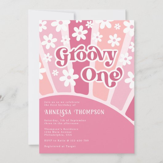 ピンクグルービーワンレトロフラワーズガールズ誕生日 招待状 (正面)